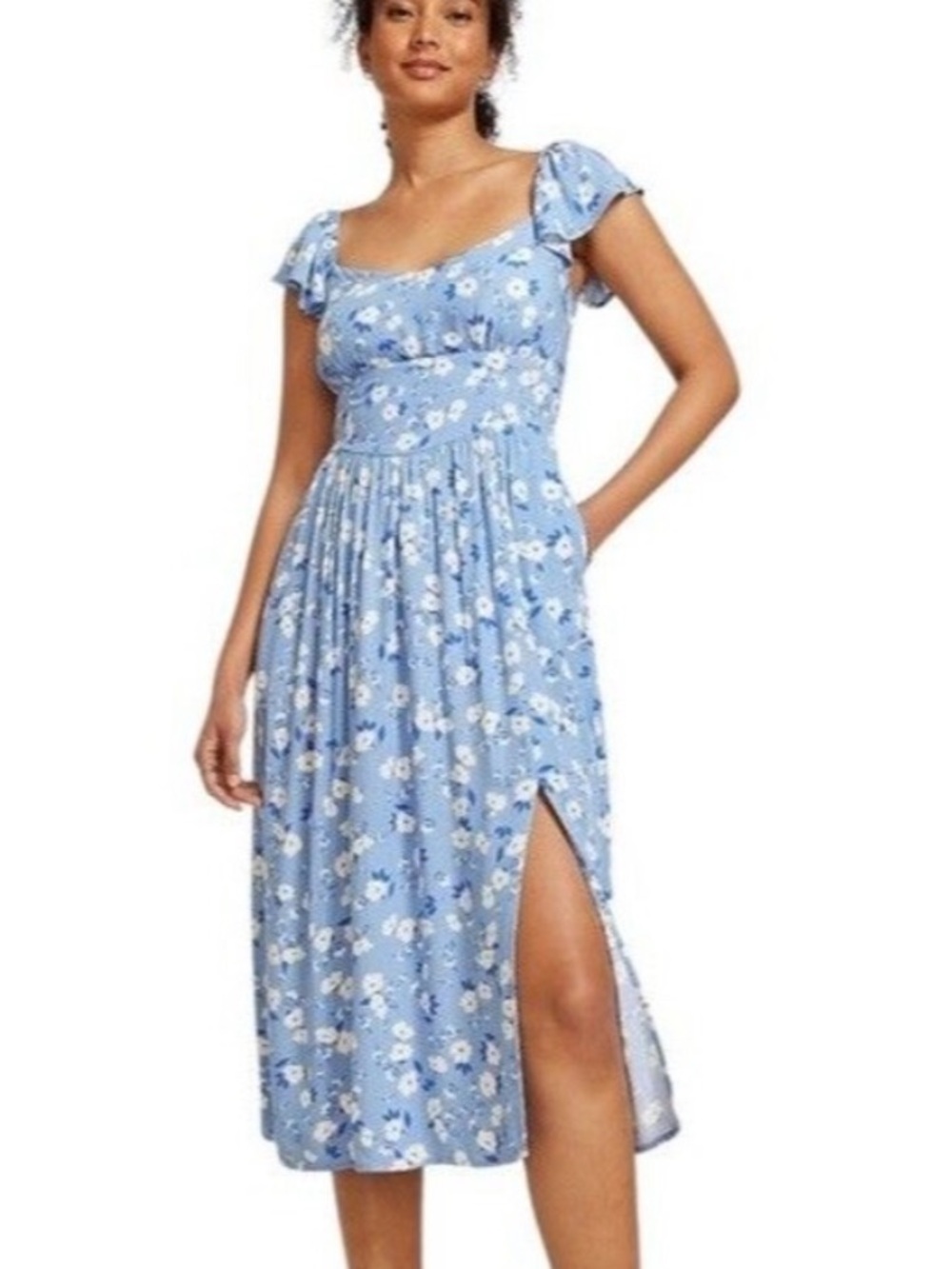 Band of the Free Midi Dress XS Basque Waist Blue Floral Milkmaid Coquette NWT